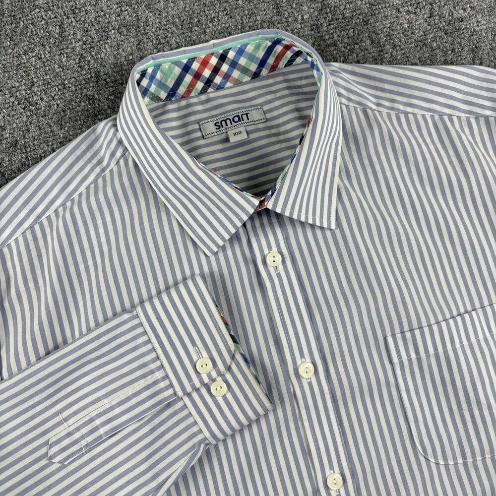 Smart Shirt Mens 100 White Blue Stripe Button Up Pocket M